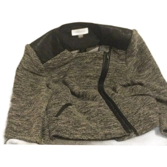 Calvin Klein Jackets & Blazers - Vintage VGC Calvin Klein Tweed Faux Leather Jacket Grey - Size UK 10 Medium M